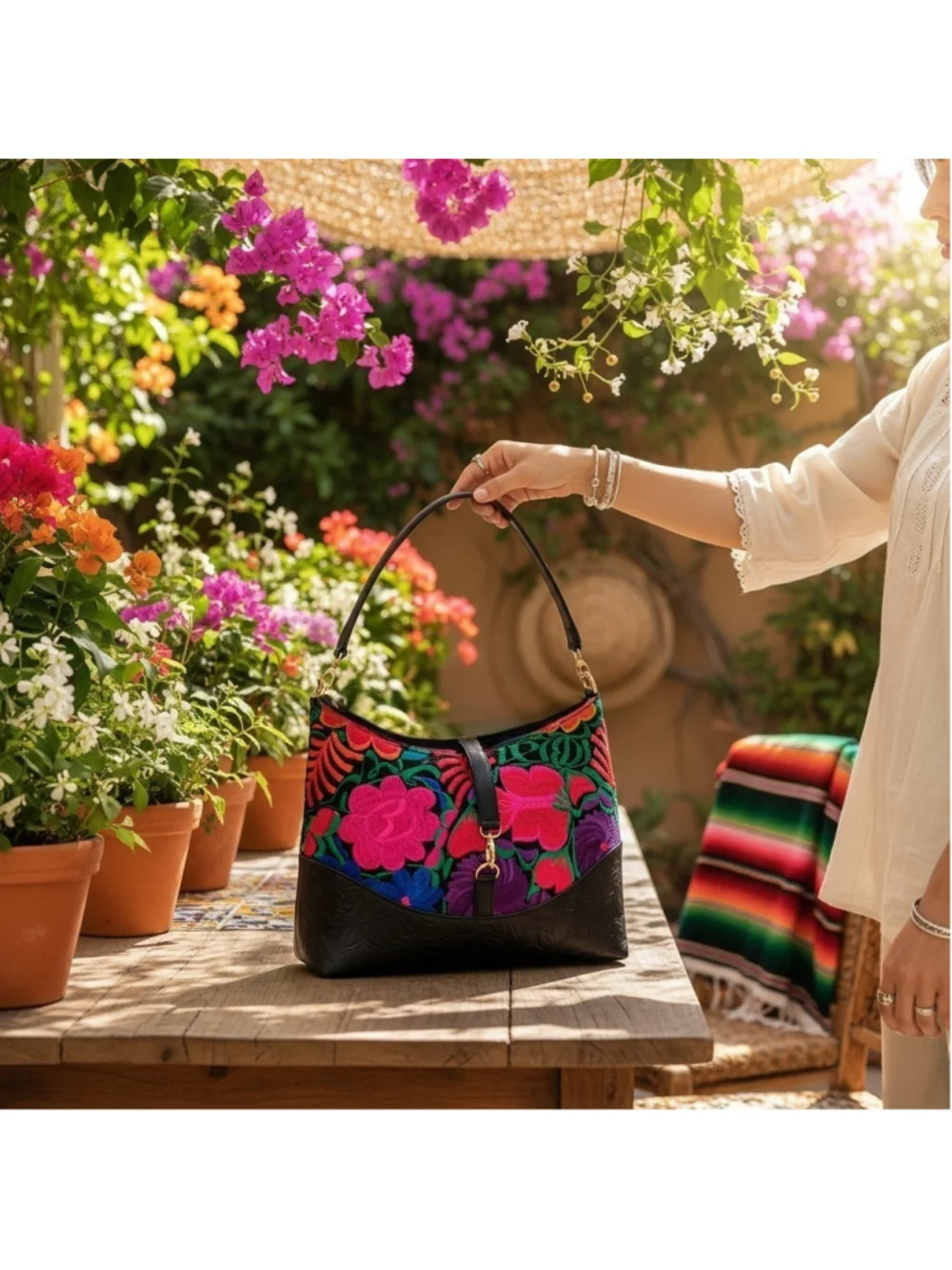 Floral Embroided Embossed Tooled Artisan LEATHER Handbag Shoulder Purse Black